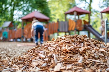 child playing with a wood chip pile in a playground