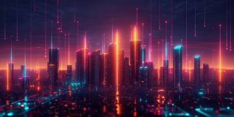 Fototapeta premium Neon Lights Illuminate a Futuristic Skyline at Dusk in a Modern Cityscape