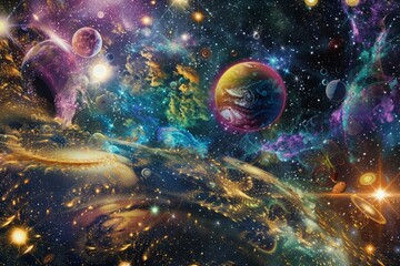 Cosmos of Consciousness. A cosmic landscape with elements representing different aspects of consciousness
