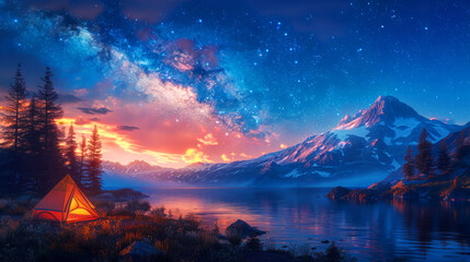 Illuminated Tent Under Starry Sky in Mountainous Terrain at Twilight - obrazy, fototapety, plakaty