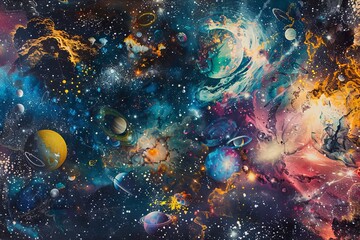 Cosmos of Consciousness. A cosmic landscape with elements representing different aspects of consciousness - obrazy, fototapety, plakaty