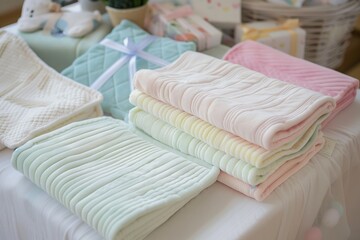 soft baby blankets in pastel colors on a gift table