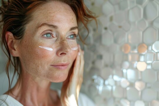 Mature woman applying facial cream for skincare routine
