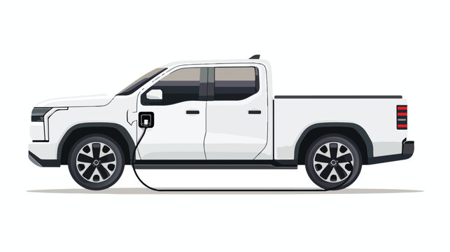 White Electric Pickup Truck connect to charing station