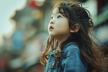Portrait of beautiful asian little girl with long hair outdoor.