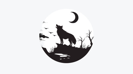 Wolf And Moon Best Logo Design White Background flat vector