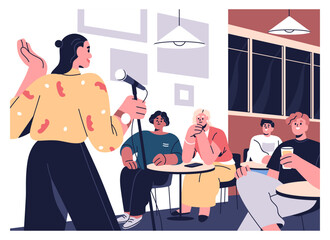 Audience and woman comic at standup comedy show, open mic. Female comedian at microphone in front of laughing public in stand-up club, live humor performance with jokes. Flat vector illustration - obrazy, fototapety, plakaty