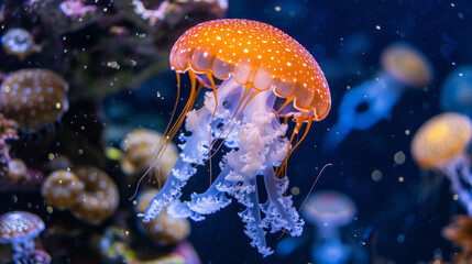 A striking orange jellyfish serenely glides through the azure waters, its tendrils flowing elegantly
