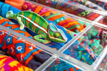 Selbstklebende Fototapeten chameleon on bright patterned socks in a clear drawer © studioworkstock