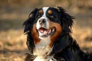 bernese mountain dog in the sun, looking elated - obrazy, fototapety, plakaty