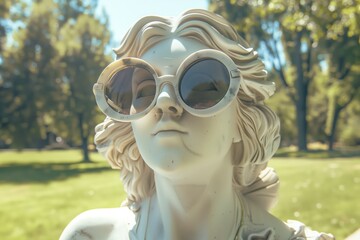 white stone venus wearing oversized sunnies in a sunny park