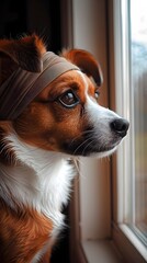 Adorable Jack Russell Terrier with Headband Gazing Through Window Like a Retro Music Enthusiast