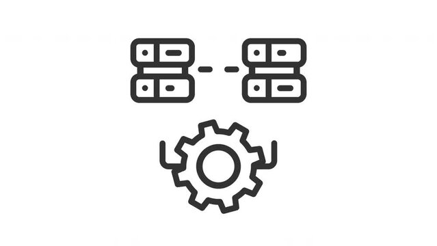 Animated data integrated with illustration of a server connected servers and gear wheel. Suitable for tech concept, database, data management, internet, network and IT infrastructure material