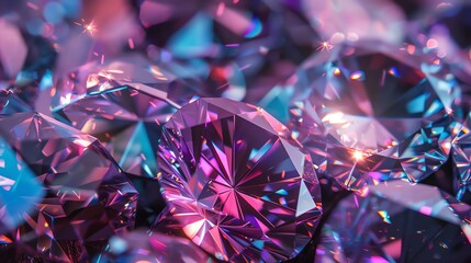 Violet diamonds background. Shiny purple gemstones. Pink and blue crystal texture.