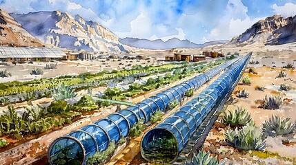Ingenious Water Recycling System Powering Desert Settlement s Agriculture - obrazy, fototapety, plakaty