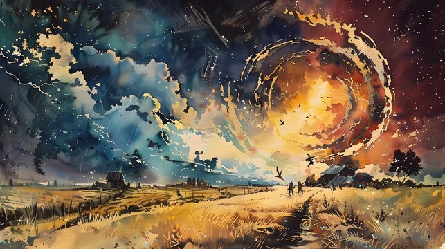 Settlers Bracing for Cosmic Storm on Colonized Alien Planet in Vibrant Watercolor Painting