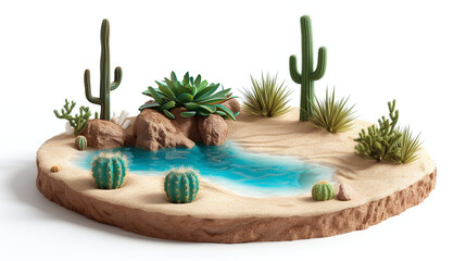 miniature desert oasis with cacti and sand dunes isolated on white
