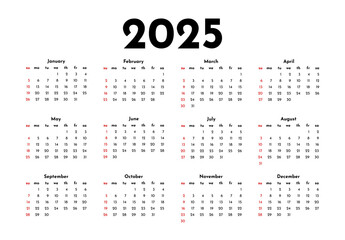 Calendar for 2025 isolated on a white background