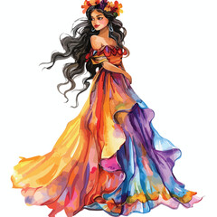 Latino Princess Watercolor Clipart 