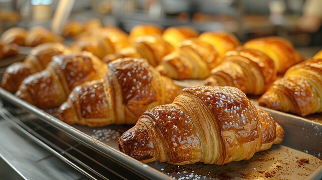 French breakfast. Top. View. Close up photo of tray of freshly baked pastries, flavorful, warm, crispy croissants. Generative Ai. 