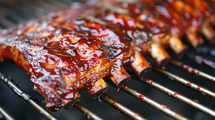 A close-up image of a delicious rack of pork ribs cooking on a grill.