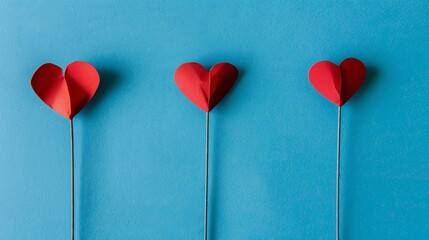 Three red paper hearts on a blue background.