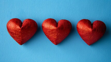 Three red fabric hearts on a blue background. The hearts are placed in a row and are slightly angled.