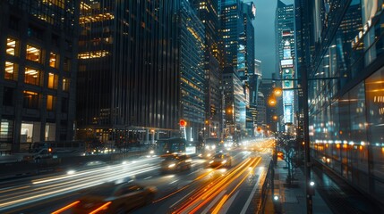 the energy of a bustling cityscape at night, with streaks of light from passing cars and illuminated skyscrapers