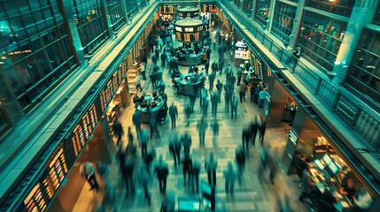 Rush hour at the stock exchange, motion blurred image of traders and brokers on the trading floor.