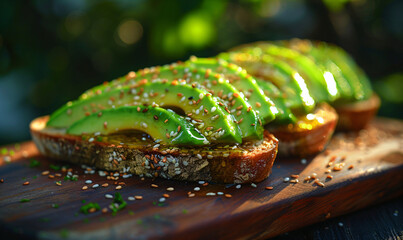 Sliced avocado on toasted multigrain bread with sesame, flax seeds, and chili flakes. Healthy vegan breakfast concept