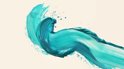 3D rendering of a turquoise brush stroke. The brush stroke is thick and has a fluid shape. The background is a light cream color.