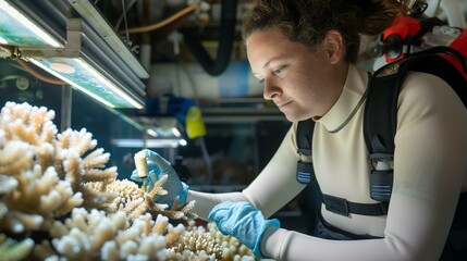 ðŸ‘©â€ðŸ”¬ A marine biologist in a wetsuit and gloves examines a coral reef in a tank. She is holding a small bottle and is looking at the coral closely.