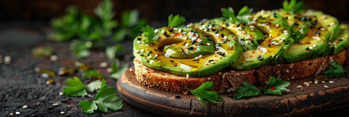 Sliced avocado on toasted multigrain bread with sesame, flax seeds, and chili flakes. Healthy vegan breakfast concept