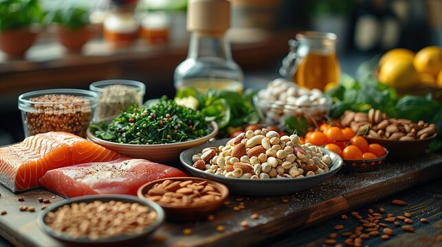 Different kinds of beans in bowls on table close-up. Generative Ai. 