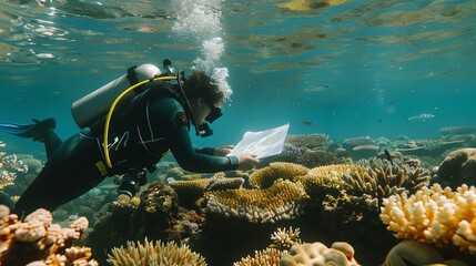 Underwater explorer. A scuba diver in a black wetsuit and yellow fins swims over a coral reef.