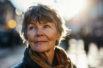 Portrait of a senior woman in the city at sunset, looking at camera