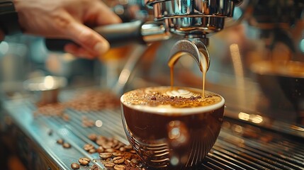 Close-up of espresso pouring from coffee machine. Professional coffee brewing. Generative Ai.  - obrazy, fototapety, plakaty