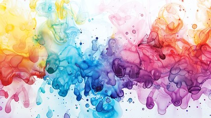 Abstract watercolor painting. Colorful ink splashes on white background. Fluid art.