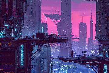 Futuristic cyberpunk city night scene - obrazy, fototapety, plakaty