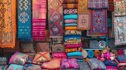 A vibrant display of colorful handmade carpets and pillows with intricate and traditional patterns, showcasing the rich cultural heritage and craftsma