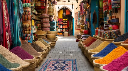 A vibrant and bustling Moroccan souk, with colorful spices, textiles, and other goods on display.