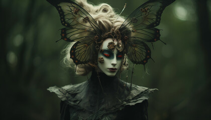 evil fantasy butterfly woman in the dark fairytale forest