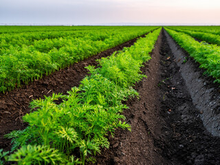 Close-up view of vibrant carrot plants in fertile soil with sunset horizon
