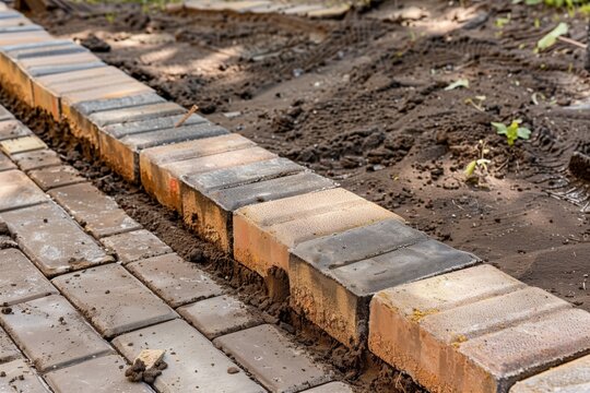 laying a border of bricks around garden paving installation