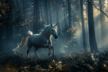 Obraz na płótnie Canvas A unicorn galloping through a dark forest, guided by the light of a blazing aurora, captured with depth of field, 