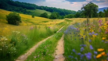 Amidst the fields of golden wheat and emerald forests the highway stands out as a pathway adorned with bursts of fuchsia violet and . AI generation.