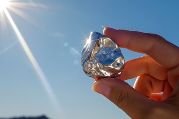 person holding a platinum nugget to the sky, sunlight reflecting
