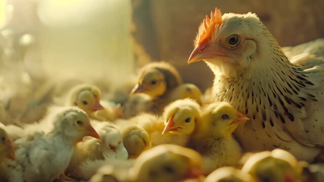Mother chick with a brood of small chick. 4k video animation