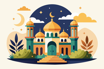 Ramadhan Kareem Vintage Flat Design Character Mosque for your cover book, child book, background or greeting card
