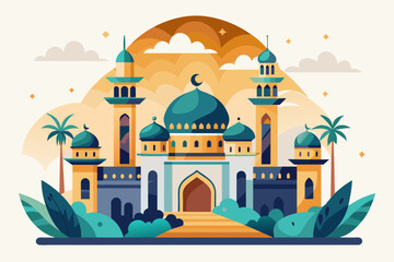 Ramadhan Kareem Vintage Flat Design Character Mosque for your cover book, child book, background or greeting card